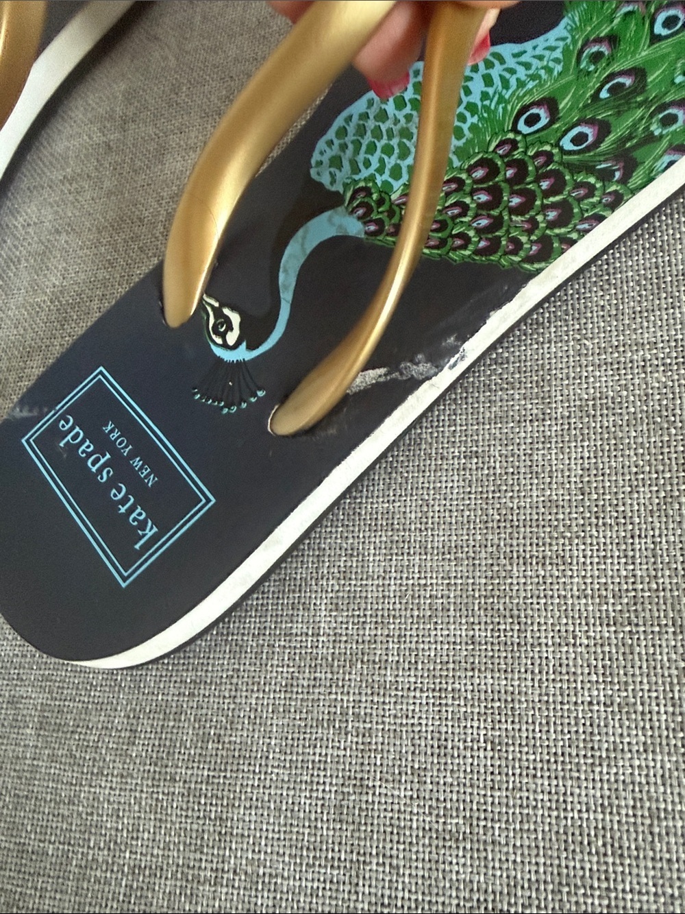 kate spade navy sandals with gold straps and green peacock print - Picture 7 of 8